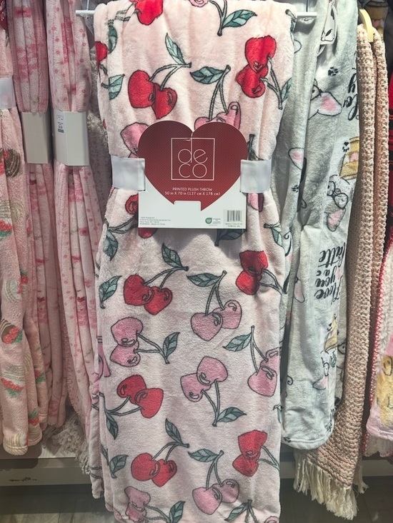 Pink Hearts & Cherry Sherpa Fleece Blanket: Cozy Plush Throw  Deco Cherry Heart Print Plush Throw Blanket